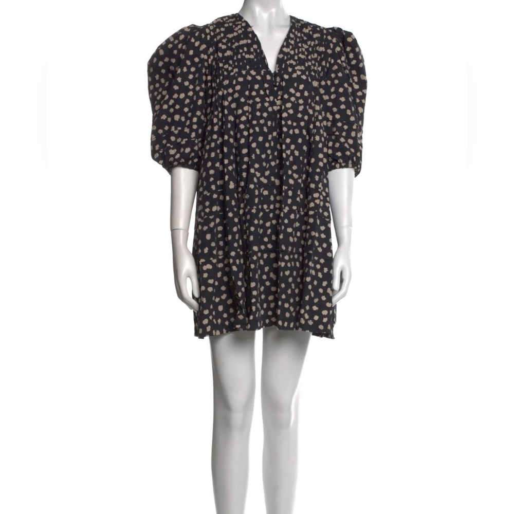Hunter Bell Black/Tan Mini Dress, Puff Sleeves, Pleated And Ruffle Accents
